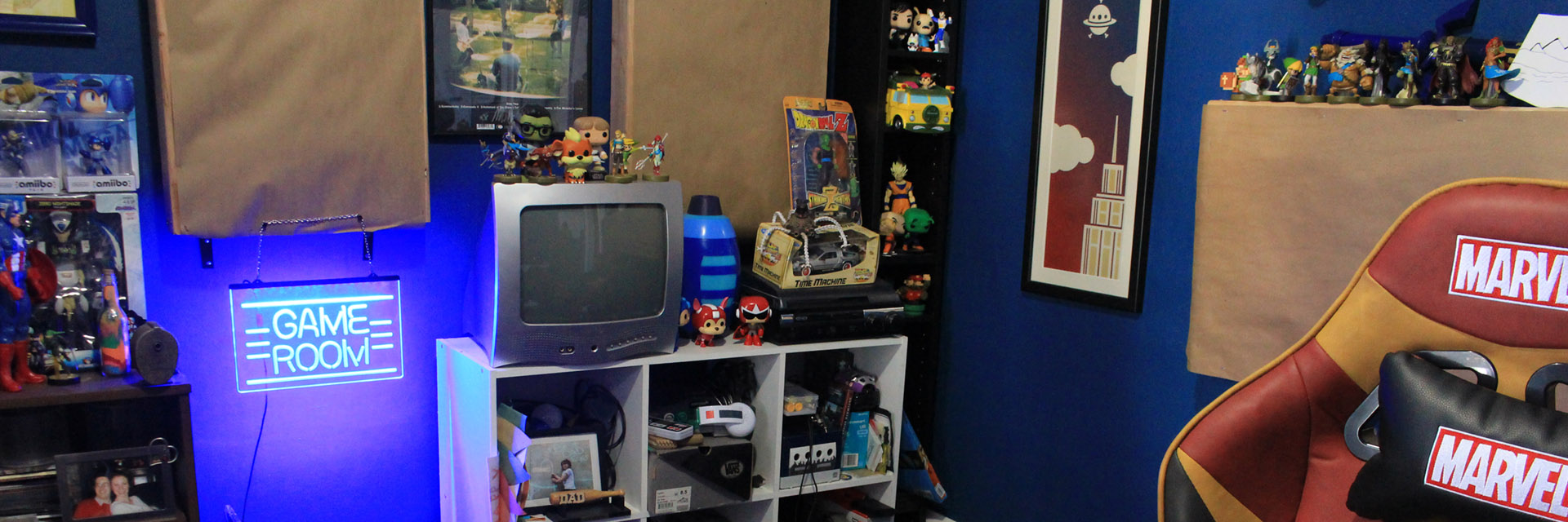 An office cluttered with game and music memorabilia